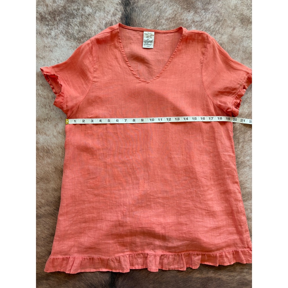 Match Point Coral Linen Ruffle Hem V-Neck Tunic Top HLT413 Made in USA Small - Picture 6 of 7